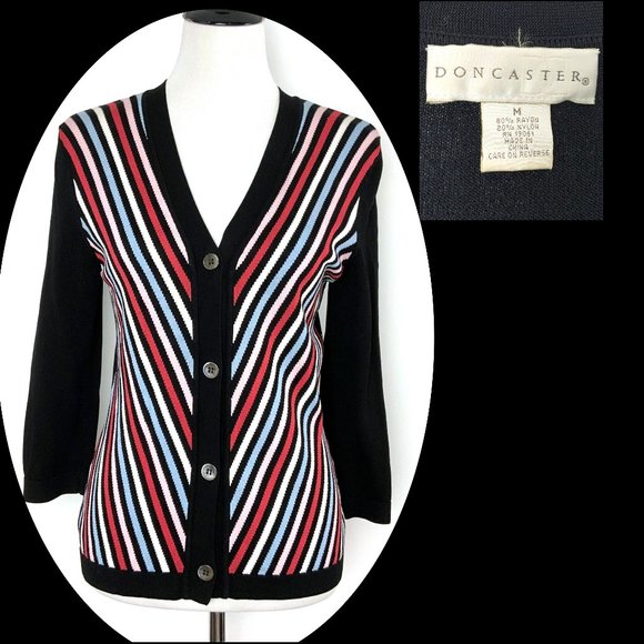 Doncaster Sweaters - Doncaster Black Knit Multicolor Button Front Cardigan Medium